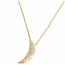 925 Ayar Gümüş Ay Kolye, Sarı - Beyaz Taş