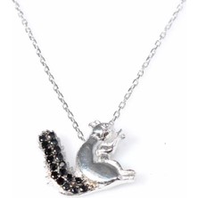 925 Ayar Gümüş Sincap Kolye, Beyaz - Siyah Taş