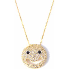 925 Ayar Gümüş Gülen Yüz Kolye, Sarı - Beyaz, Mavi Taş