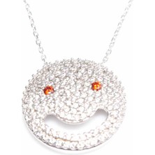 925 Ayar Gümüş Gülen Yüz Kolye, Beyaz - Beyaz, Turuncu Taş