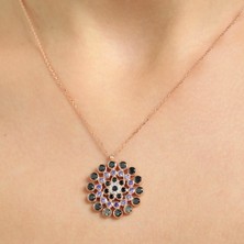 925 Ayar Gümüş Yuvarlak Taşlı Kolye, Pembe - Siyah, Mor, Beyaz Taş