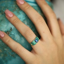 By Milo Jewellery Retro Mavi Desenli Altın Wellington  Yüzük