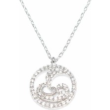 925 Ayar Gümüş Çemberli Vav ve Ay Kolye, Beyaz - Beyaz Taş