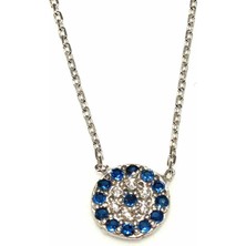 925 Ayar Gümüş Nazar Boncuğu Kolye, Beyaz - Mavi, Beyaz Taş