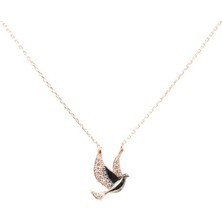 Barış Güvercini 925 Ayar Gümüş  Kolye, Pembe Siyah - Beyaz Taş