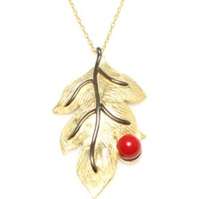 925 Ayar Gümüş Yaprak Kolye, Sarı - Kırmızı Yuvarlak Mercan