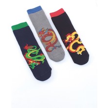 Mem Socks 3'lü Dragon Desenli Kaydırmaz Havlu Çocuk Çorabı