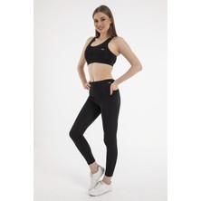 Crozwise Kadın Siyah Micro Cepli Tayt Düz Günlük Spor