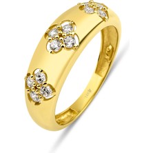 Kairos Jewelry 14 Ayar Altın Yonca Figürlü Taşlı Dome Yüzük KRS158-14GRZ