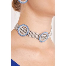 Furtek Aksesuar Kadın Piedra Model Mavi Halkalı Kolye Küpe Zirkon Taşlı Abiye Elbise Kombin Günlük Takı Seti