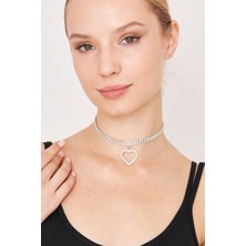 Furtek Aksesuar Kadın Largo Kalp Sallantılı Model Kristal Zirkon Taşlı Gümüş Kaplama Gerdanlık Tasma Kombin Choker