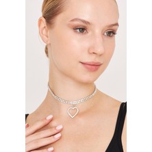 Furtek Aksesuar Kadın Largo Kalp Sallantılı Model Kristal Zirkon Taşlı Gümüş Kaplama Gerdanlık Tasma Kombin Choker