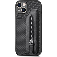 Xstep Case iPhone 15 Fermuar Cep Karbon Fiber Telefon Kasası, Kickstand Pu Deri Kaplı Pc+Tpu Kapağı (Yurt Dışından)