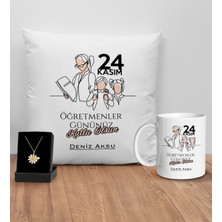 Bk Gift Kişiye Özel Öğretmenler Günü Tasarımlı Beyaz Kupa Yastık ve Isimli Papatya Kolye Hediye Seti- 15, Öğretmene Hediye, Öğretmenler Günü