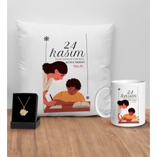 Bk Gift Kişiye Özel Öğretmenler Günü Tasarımlı Beyaz Kupa Yastık ve Isimli Papatya Kolye Hediye Seti- 5, Öğretmene Hediye, Öğretmenler Günü