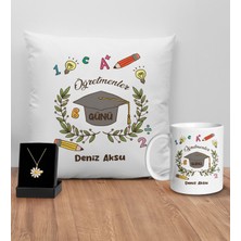 Bk Gift Kişiye Özel Öğretmenler Günü Tasarımlı Beyaz Kupa Yastık ve Isimli Papatya Kolye Hediye Seti- 14, Öğretmene Hediye, Öğretmenler Günü