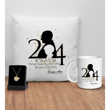 Bk Gift Kişiye Özel Öğretmenler Günü Tasarımlı Beyaz Kupa Yastık ve Isimli Papatya Kolye Hediye Seti- 4, Öğretmene Hediye, Öğretmenler Günü