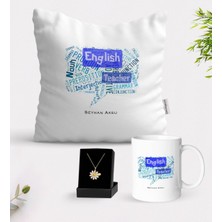 BK Kişiye Özel Ingilizce Öğretmeni Beyaz Kupa Yastık ve Isimli Papatya Kolye Hediye Seti-4