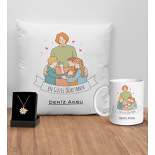 Bk Gift Kişiye Özel Öğretmenler Günü Tasarımlı Beyaz Kupa Yastık ve Isimli Papatya Kolye Hediye Seti- 7, Öğretmene Hediye, Öğretmenler Günü