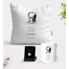 BK Kişiye Özel Atatürk Öğretmen Beyaz Kupa Yastık ve Isimli Papatya Kolye Hediye Seti-2