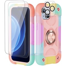 Jingyi iPhone 15 Plus Kılıfı ile Uyumlu 6,7" - Halka Standlı, Ağır Hizmet Darbeye Dayanıklı Askeri Sınıf Sağlam Kapak, Cam Ekran Koruyucu ve Kamera Lens Koruyucu (Gökkuşağı Pembesi) (Yurt Dışından)