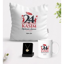 BK Kişiye Özel Öğretmenler Gününüz Kutlu Olsun Beyaz Kupa Yastık ve Isimli Papatya Kolye Hediye Seti-2