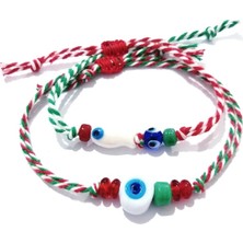 Funny Takı Kırmızı Yeşil Beyaz Marteniçka Ipli Seramik Balık ve Elyapımı Nazar Boncuklu Yılbaşı Ikili Bileklik