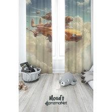 Moud's Uçan Araba Desenli Baskılı Çocuk ve Bebek Odası Fon Perdesi 2 Kanat - Prd-01
