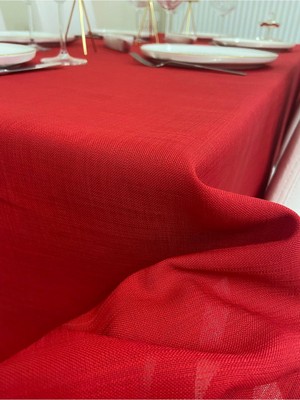 Zeren Home Polyester Keten Dertsiz Masa Örtüsü Kırmızı + 6 Peçete