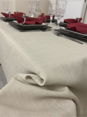 Zeren Home Polyester Keten Dertsiz Masa Örtüsü Kapuçino + 12 Peçete