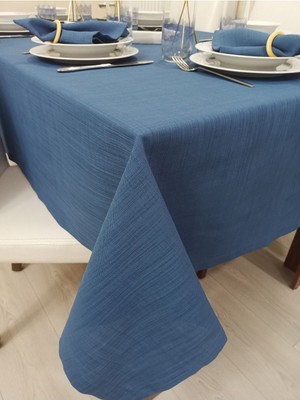 Zeren Home Polyester Keten Dertsiz Masa Örtüsü Indigo Mavi + 12 Peçete