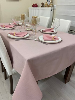 Zeren Home Polyester Keten Dertsiz Masa Örtüsü Pudra Pembe + 6 Peçete