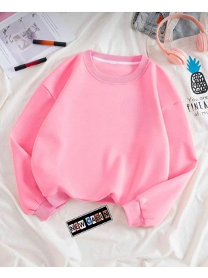 New Cabin Kadın Pembe Oversize Pamuklu Sweatshirt Uzun Kol Bisiklet Yaka Rahat Kesim