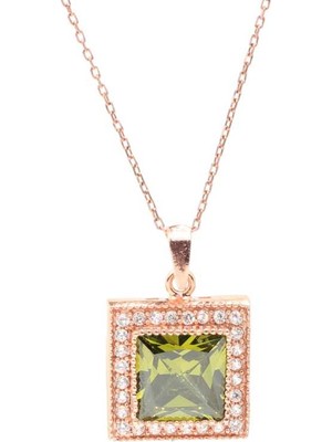 925 Ayar Gümüş Kare Sentetik Peridot Taşlı Kolye