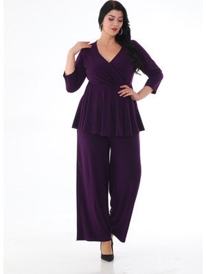 Kadın Işıltı Abiye Mor Kruvaze Yaka Pantolon-Bluz Takım Özel Olaylar İçin Zarif Silüet