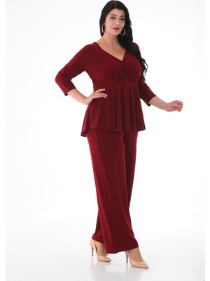 Işıltı Abiye Kruvaze Yaka Bordo Pantolon-Bluz Takım Şık Stil Özel Olay İçin