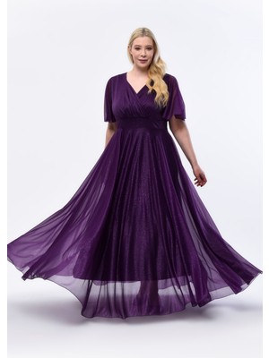 Işıltı Abiye Mor Simli Tül Elbise Düğün Nişan Kına İçin Uzun ve Şık Silüet