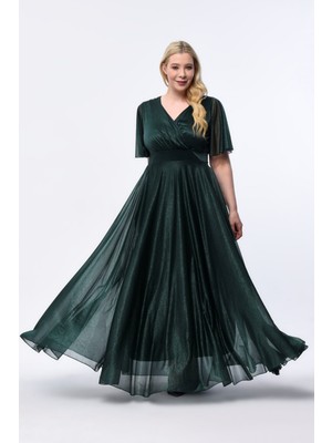 Işıltı Abiye Esnek Haki Volan Kol Simli Tül Abiye Elbise Özel Olaylar İçin Şık Ve Rahat Stil