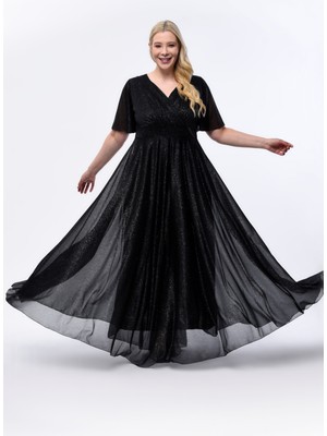 Işıltı Abiye Işıltı Simli Tül Abiye Uzun Elbise Büyük Beden Düğün Nişan İçin Rahat Silüet