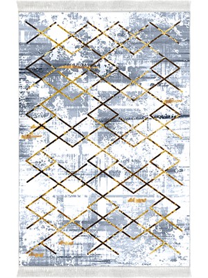 Dekoreko Dijital Salon Halısı Trend Keçe Kaymaz Taban Saçaklı Modern Brooklyn Mavi