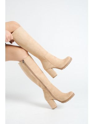 Mubiano MBZFR5013S-VZ Kadın Vizon Süet Kalın Topuklu Fermuarlı Uzun Çizme