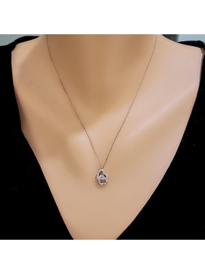 925 Ayar Gümüş Çift Kalp Kolye, Beyaz - Beyaz Taş