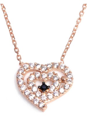 925 Ayar Gümüş İçiçe Kalp Kolye, Beyaz - Beyaz Taş