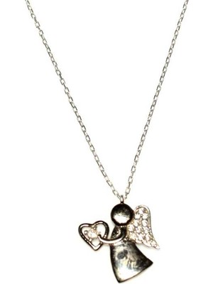 925 Ayar Gümüş Melek Kalpli Kolye, Pembe - Beyaz Taş