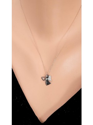 925 Ayar Gümüş Melek Kalpli Kolye, Pembe - Beyaz Taş