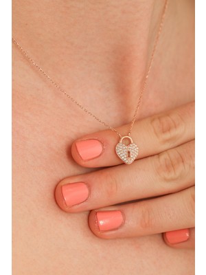 925 Ayar Gümüş Askılı Kalp Anahtar Deliği Kolye, Beyaz Taş