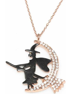 925 Ayar Gümüş Süpürgeli Cadı Kolye, Pembe - Beyaz Taş Siyah Cadı