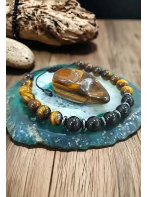 NBS Beautiful Naturel Stones Kaplan Gözü , Obsidyen , Hematit Unisex Doğal Taş 52025USTK777 Bileklik