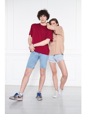 Ixir Bordo Pamuk Oversize Geniş Kalıp T-Shirt