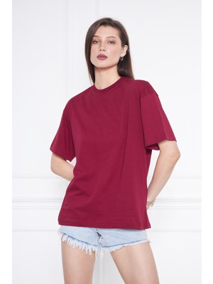 Ixir Bordo Pamuk Oversize Geniş Kalıp T-Shirt